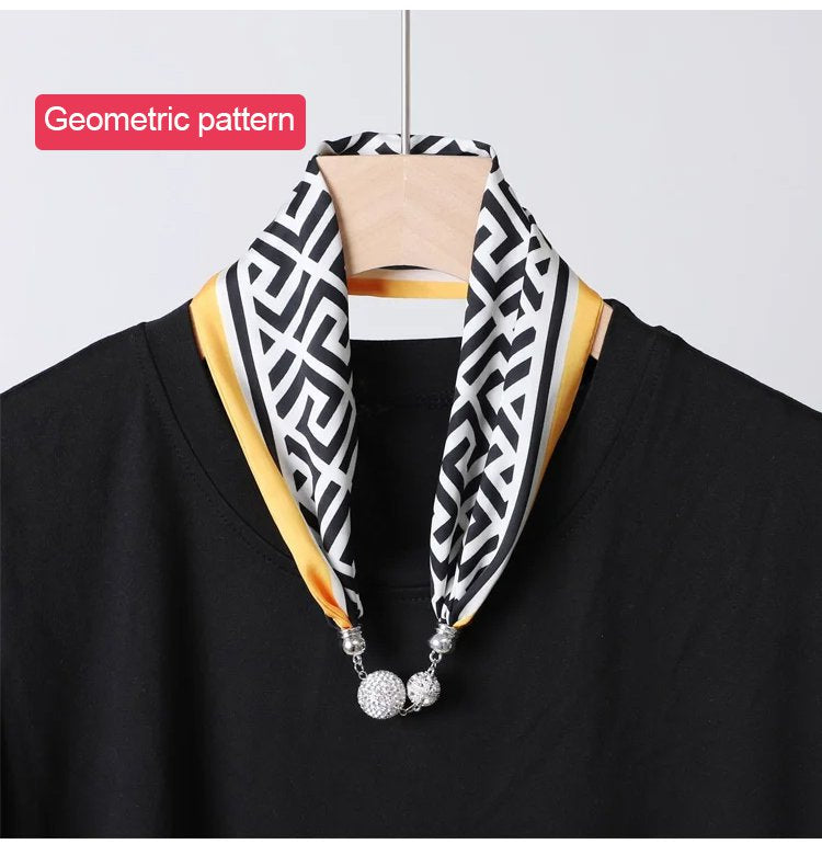 Silk scarf with rhinestone magneticbuckle