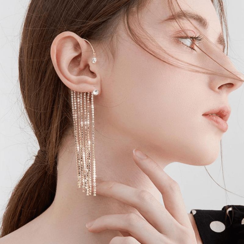 long style Sparkling Diamond Tassel Earrings