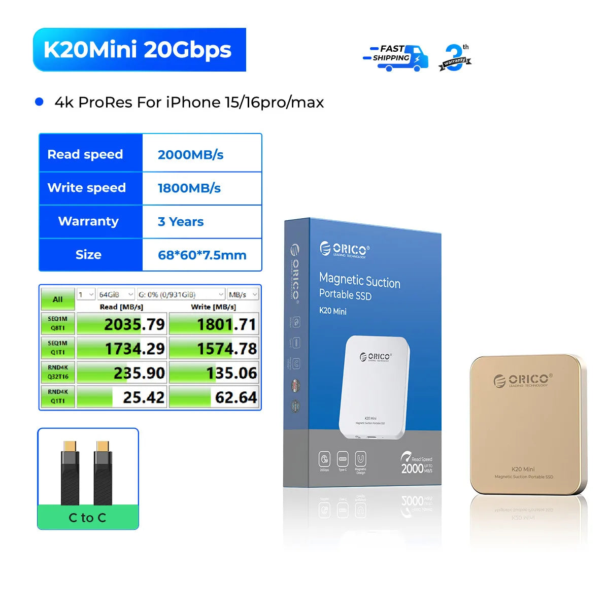 K20Mini ORI-CAO Magnetic External SSD for iPhone 15/16 Pro/Max – 2000MB/s, 4K ProRes HDR Recording & Storage