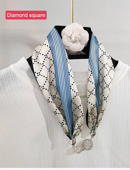 Silk scarf with rhinestone magneticbuckle