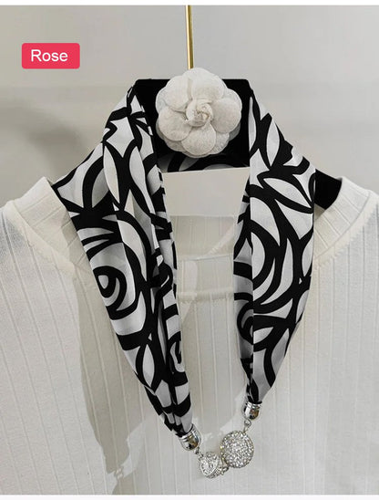 Silk scarf with rhinestone magneticbuckle