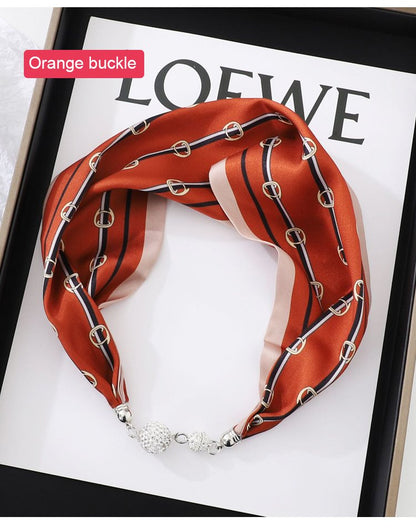 Silk scarf with rhinestone magneticbuckle